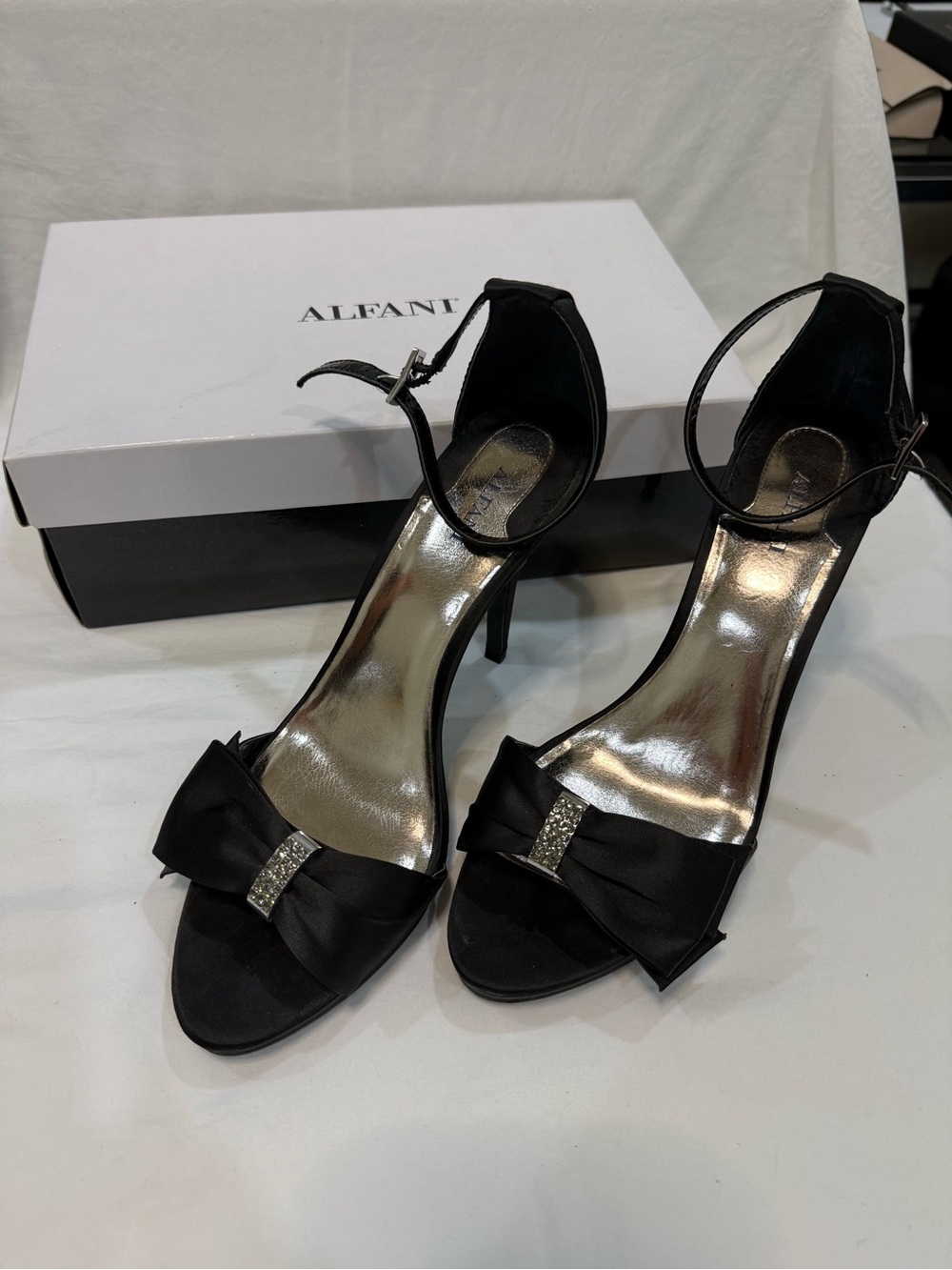 Alfani Black Satin Open-Toe Ankle-Strap Heels with Bow